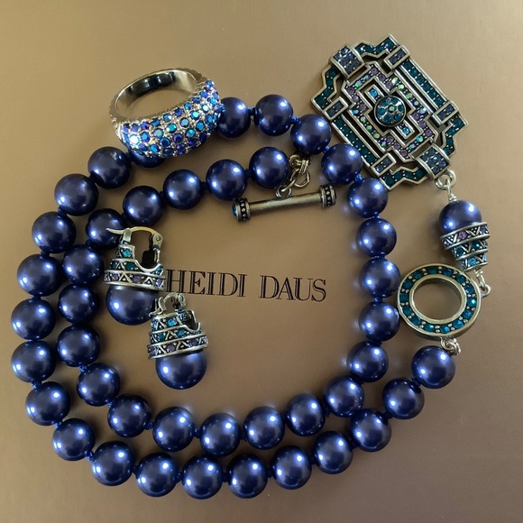Heidi Daus Beaded Crystal Toggle Necklace With Earrings and Ring Set Blue Multi - Picture 2 of 16